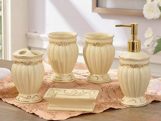 samiksha 5 Piece Porcelain Bathroom Set - Cream and Gold - Samiksha's - Bathroom Set - www.samiksha.com