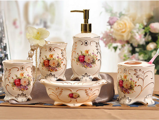 samiksha 5 Piece Porcelain Bathroom Set - Country Bouquet - Samiksha's - Bathroom Set - www.samiksha.com