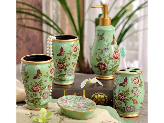 samiksha 5 Piece Porcelain Bathroom Set - Aqua Green Butterfly Meadow - Samiksha's - Bathroom Set - www.samiksha.com
