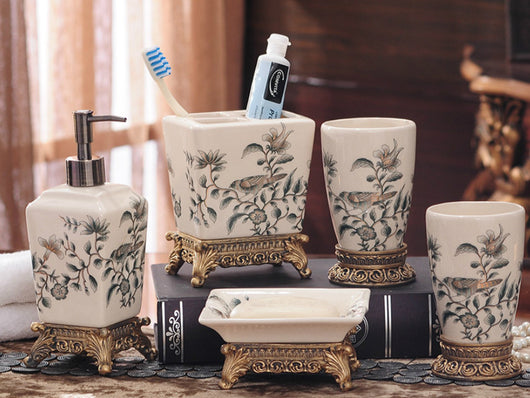 samiksha 5 Piece Porcelain Bathroom Set - Green Flowers - Samiksha's - Bathroom Set - www.samiksha.com