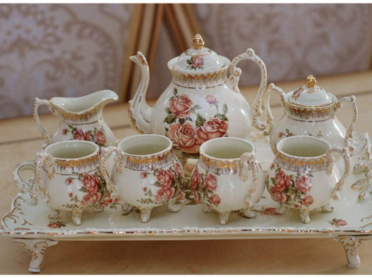 samiksha 10 Piece Rose Flower Hand Painted Porcelain Tea Set - Samiksha's - Tea Sets - www.samiksha.com