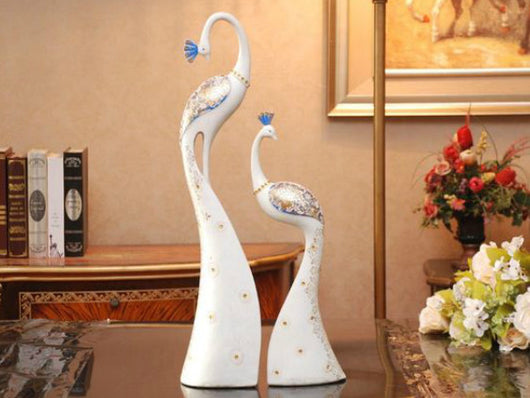 samiksha Exquisite Pair of Hand Painted Peacock Sculptures - White & Blue - Samiksha's - Sculptures - www.samiksha.com