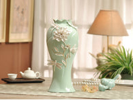 samiksha Aqua Green Porcelain Vase with Pinched White Flowers - Samiksha's - Vase - www.samiksha.com