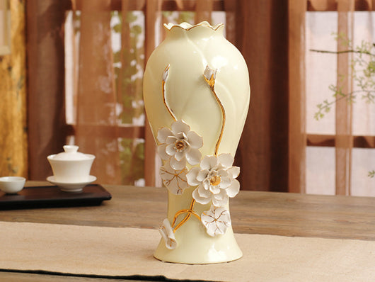 samiksha Off-White Porcelain Vase with Pinched Golden stem and White Flowers - Samiksha's - Vase - www.samiksha.com