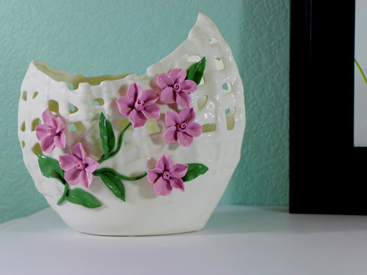 samiksha Wide Mouth Porcelain Vase with Pinched Purple Flowers - Samiksha's - Vase - www.samiksha.com