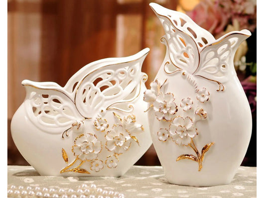 samiksha Elegant Pair of Porcelain Vases with Pinched Flowers - Samiksha's - Vase set - www.samiksha.com