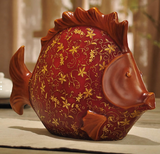 Large Red Fish Sculpture - Hand Painted with Golden Patterns