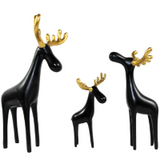 Family of Three Black Reindeer Sculptures with Golden Antlers