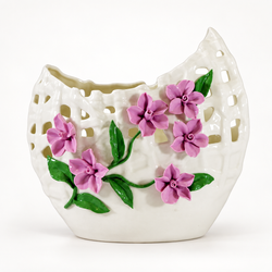 Wide Mouth Porcelain Vase with Pinched Purple Flowers