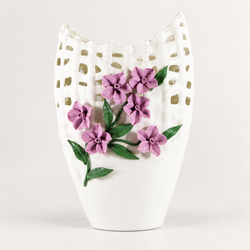 Basket Style Tall White Porcelain Vase with Pinched Purple Flowers