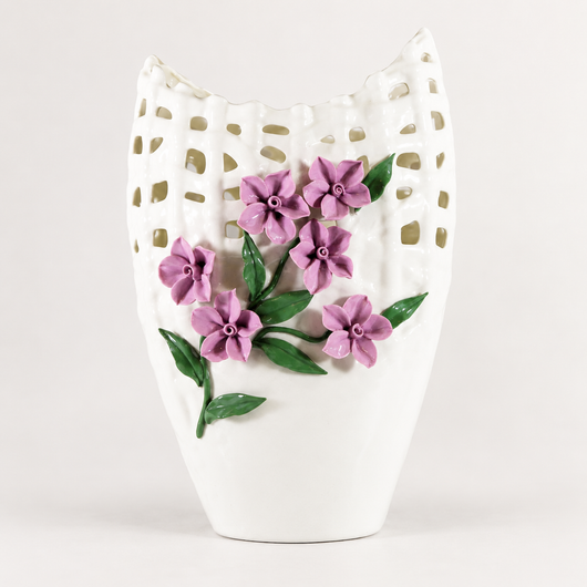 Basket Style Tall White Porcelain Vase with Pinched Purple Flowers