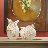 Elegant Pair of Porcelain Vases with Pinched Flowers – Basket-Weave Design and Golden Accents