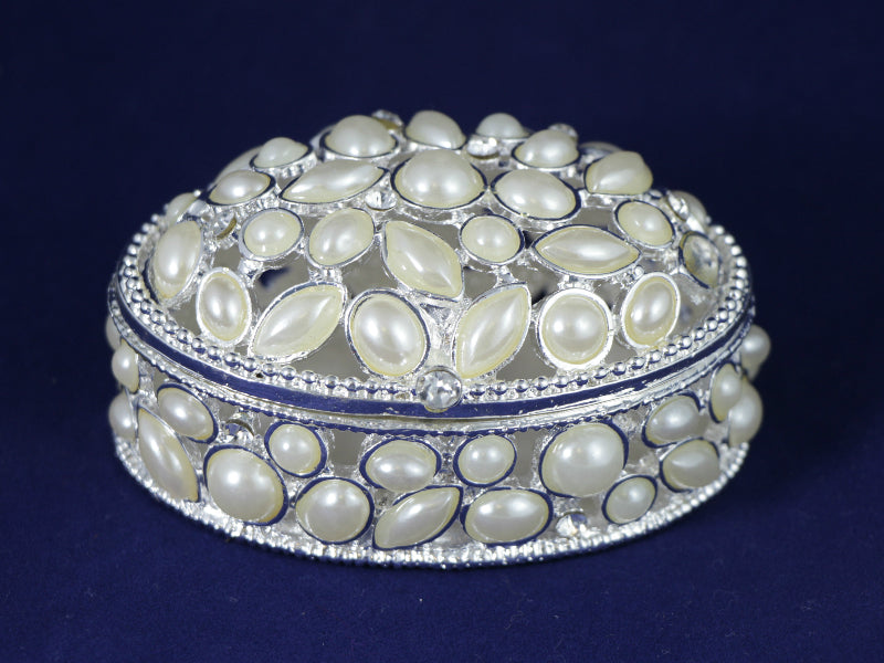 White Pearl Trinket Box with Glittering Crystals - Oval – Samiksha's