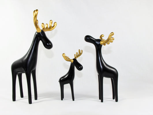 Family of Three Black Reindeer Sculptures with Golden Antlers – Samiksha's