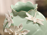 samiksha Aqua Green Porcelain Vase with Pinched White Flowers - Samiksha's - Vase - www.samiksha.com 