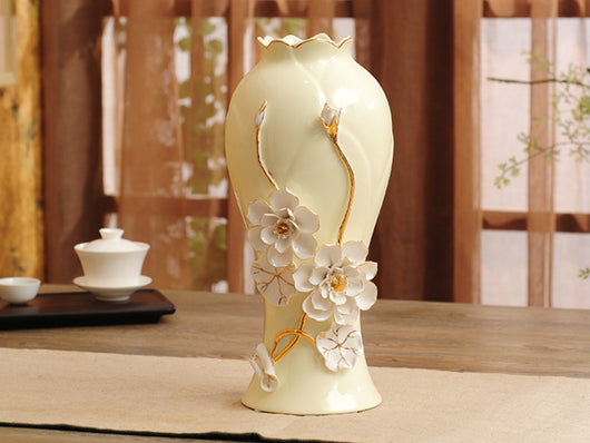 samiksha Off-White Porcelain Vase with Pinched Golden stem and White Flowers - Samiksha's - Vase - www.samiksha.com 