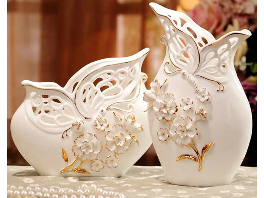samiksha Elegant Pair of Porcelain Vases with Pinched Flowers - Samiksha's - Vase set - www.samiksha.com 